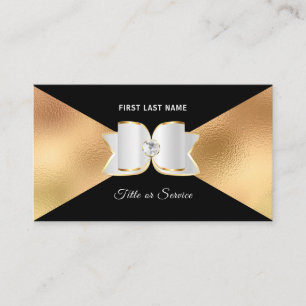 Luxe Black Gold Foil White Bow Rhinestone Diamond Business Card