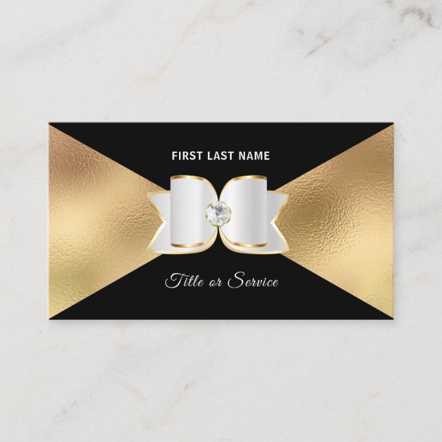 Luxe Black Gold Foil White Bow Rhinestone Diamond Business Card (Front)