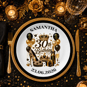 Luxe Black Gold Glitter 30th Birthday Party Plate