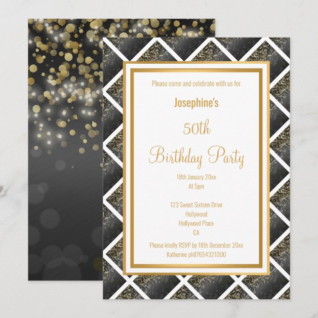 LUXE BLACK GOLD GRID 2 ANNIVERSAIRE INVITATION (Devant / Derrière)