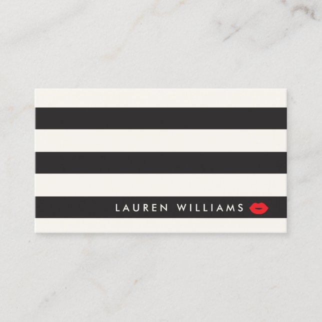 Luxe Black/Ivory Stripes Red Lips Makeup Artist Business Card (Front)