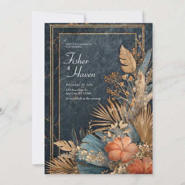 Luxe Black Marble & Gold Tropical VIP Wedding Invitation (Front)
