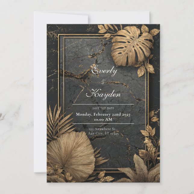 Luxe Black Marble & Gold Tropical VIP Wedding Invitation (Front)