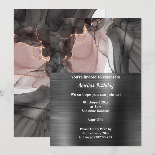 LUXE BLACK PINK CHIFFON PARTY METALLIC INVITATION (Front/Back)