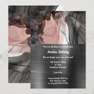 LUXE BLACK PINK CHIFFON PARTY METALLIC INVITATION
