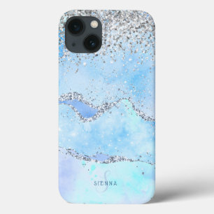 Luxe Blue Marble & Silver Glitter w/Name-Monogram iPhone 13 Case