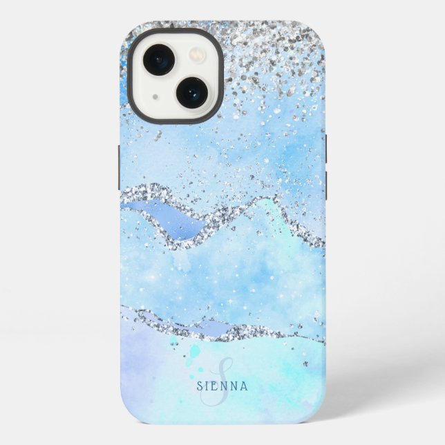 Luxe Blue Marble & Silver Glitter w/Name-Monogram iPhone Case (Back)
