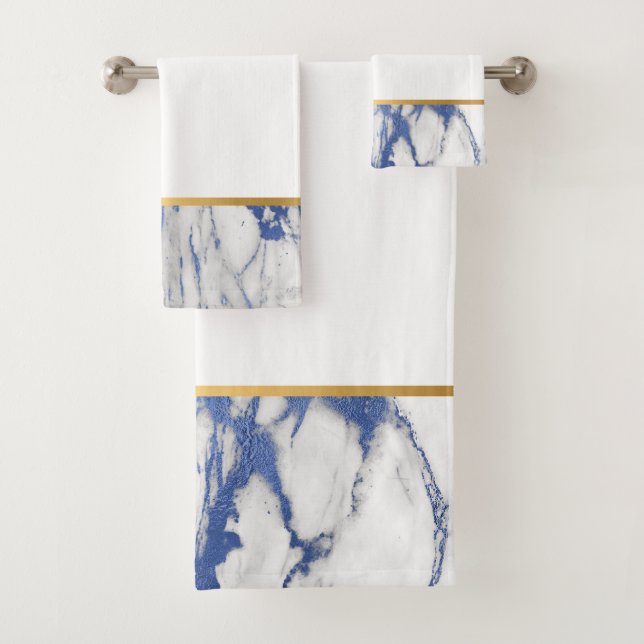 LUXE BLUE WHITE MARBLE GOLD BATHROOM TOWEL SET (Insitu)