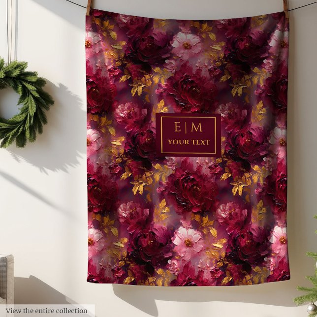 Luxe Blush Burgundy Gold Personalized Boho Floral  Fleece Blanket (Luxe Blush Burgundy Gold Personalized Boho Floral Fleece Blanket)