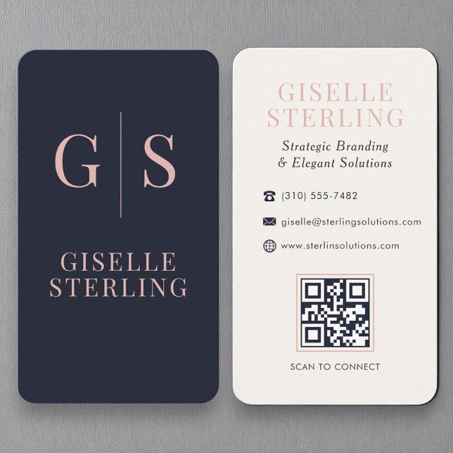 Luxe Blush Pink Monogram Navy Blue QR Code Business Card (Creator Uploaded)