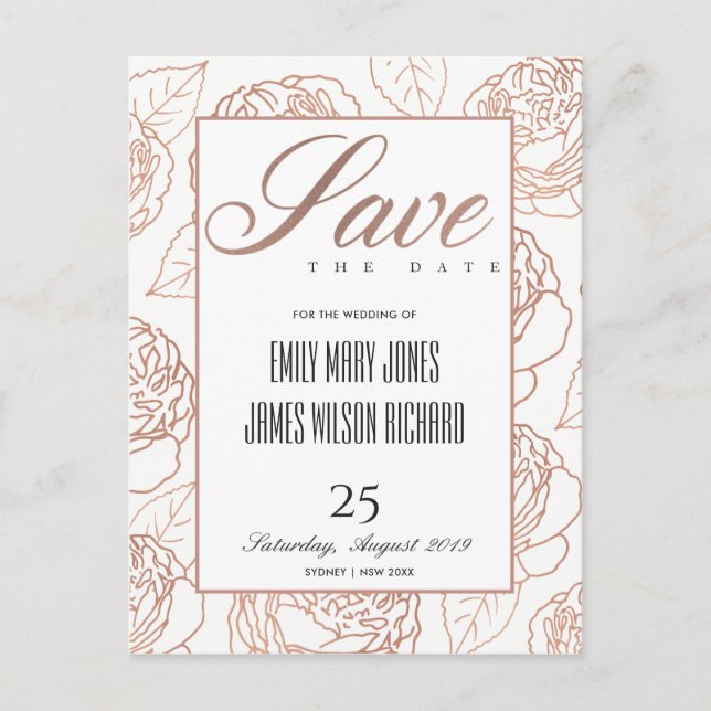 LUXE BLUSH PINK ROSE GOLD FLORAL SAVE OUR DATE ANNOUNCEMENT POSTCARD (Front)
