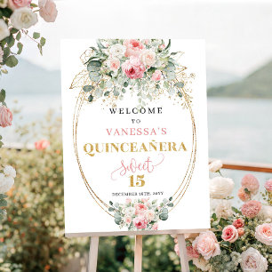 Luxe blush roses gold greenery quinceañera welcome poster