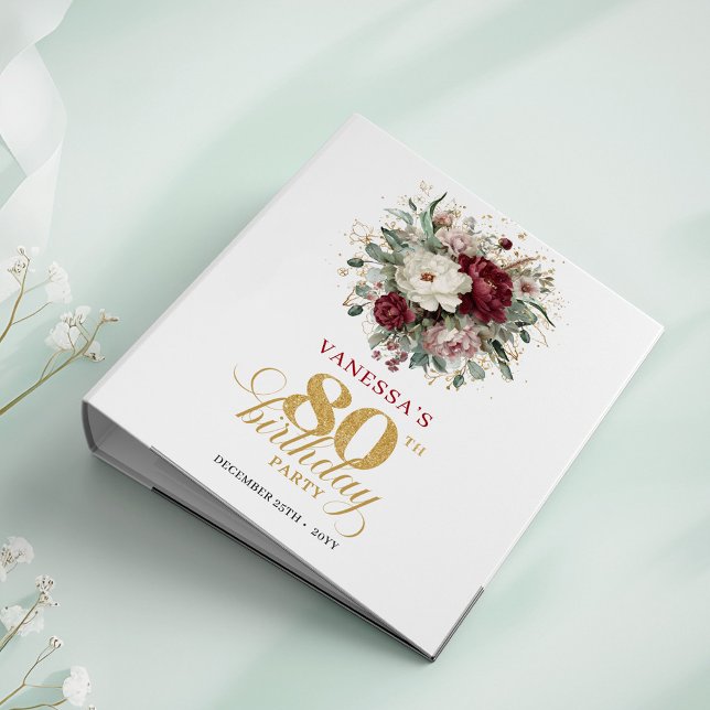 Luxe Boho Burgundy Floral 80th Birthday Ring Binde Binder (Luxe Boho Burgundy Floral 80th Birthday Ring Binder)