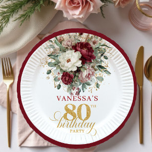 Luxe Boho Burgundy Floral Gold 80th Birthday Paper Plate