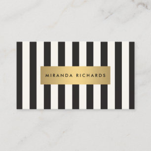 Luxe Bold Black and Ivory Stripes with Gold Bar Business Card