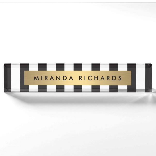 Luxe Bold Black and White Stripes with Gold Bar Nameplate (Front)