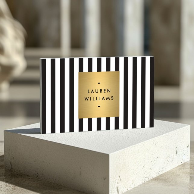 Luxe Bold Black and White Stripes with Gold Box II Business Card (Creator Uploaded)