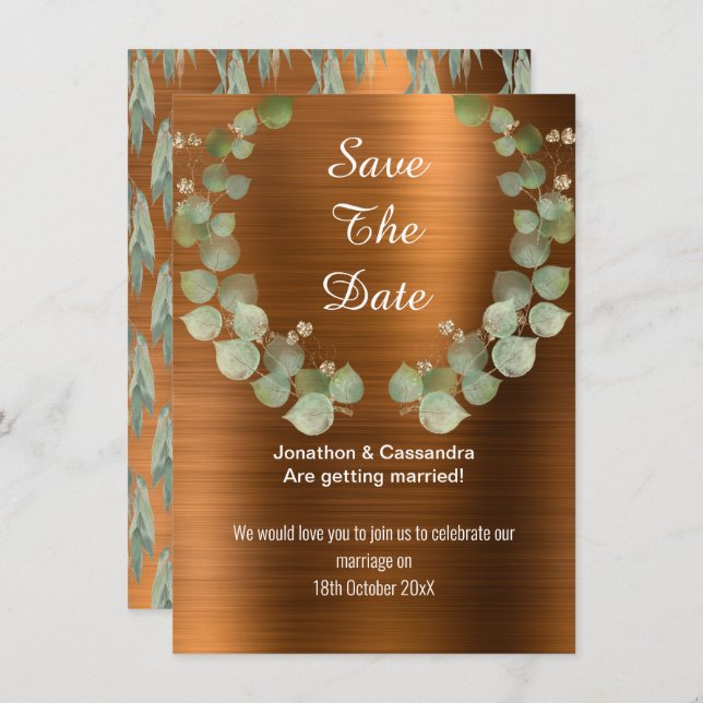 LUXE BRONZE EUCALYPTUS WREATH SAVE THE DATE (Front/Back)