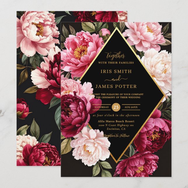 Luxe Burgundy and Blush Pink Peony Floral Wedding Invitation (Front/Back)