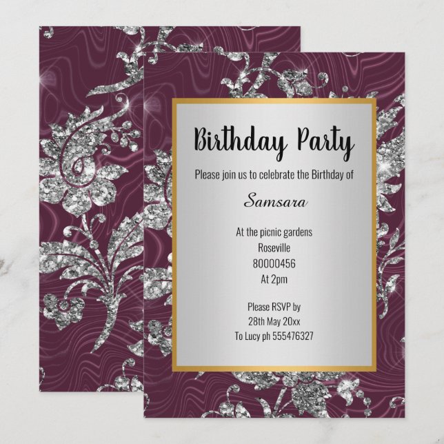 LUXE BURGUNDY ARGENT OR ANNIVERSAIRE INVITATION (Devant / Derrière)