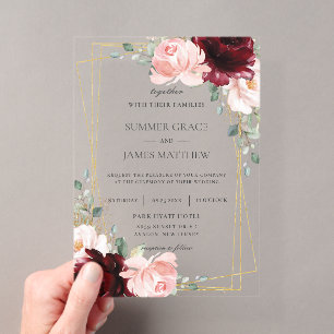Luxe Burgundy Blush Pink Roses Floral Wedding   Acrylic Invitations