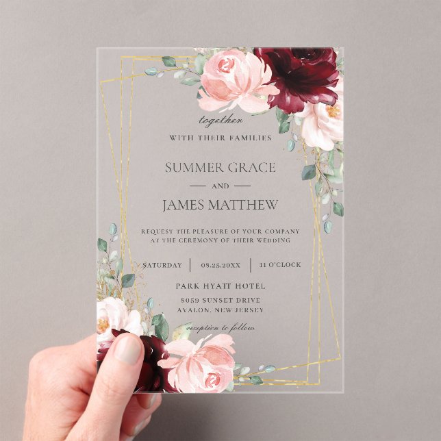 Luxe Burgundy Blush Pink Roses Floral Wedding   Acrylic Invitations (Insitu (Handheld))