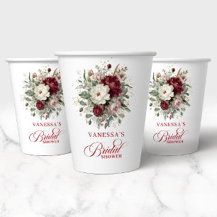 Luxe Burgundy Floral Bridal Shower Paper Cups