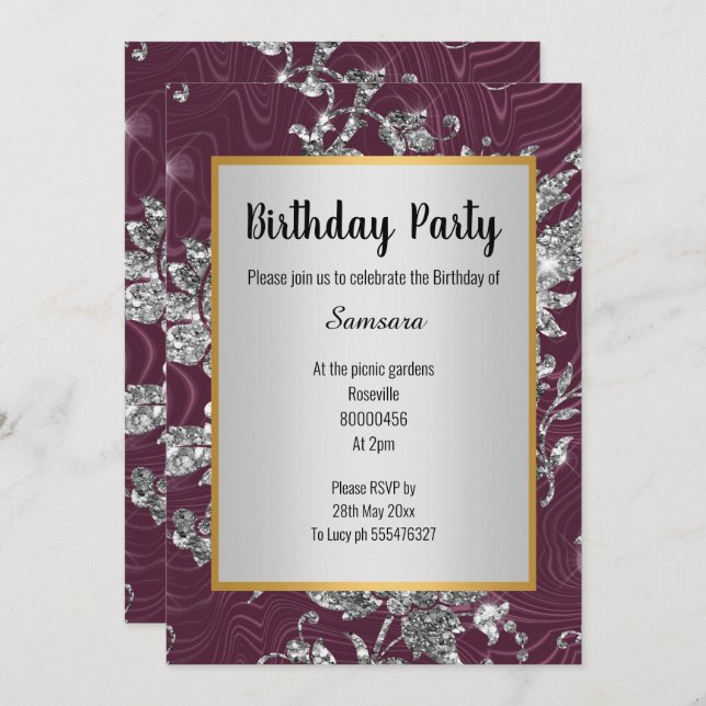 LUXE BURGUNDY SILVER GOLD BIRTHDAY INVITATION (Front/Back)