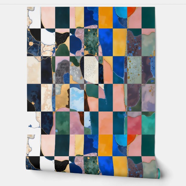 Luxe Chequerboard Curtain Wallpaper (Unrolling)