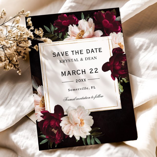 Luxe Dark Moody Burgundy Blush Floral Wedding Save The Date (dark moody burgundy blush pink peonies roses floral flowers wedding save the date cards printed )