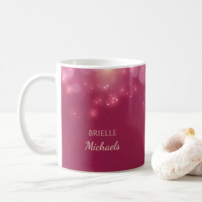 Luxe Dark Pink Glamour Bokeh Sparkles With Name Coffee Mug (With Donut)