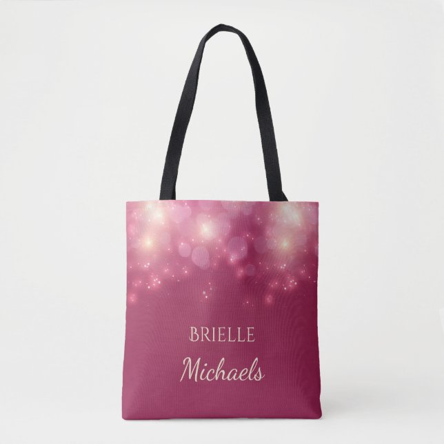 Luxe Dark Pink Glamour Bokeh Sparkles With Name Tote Bag (Front)