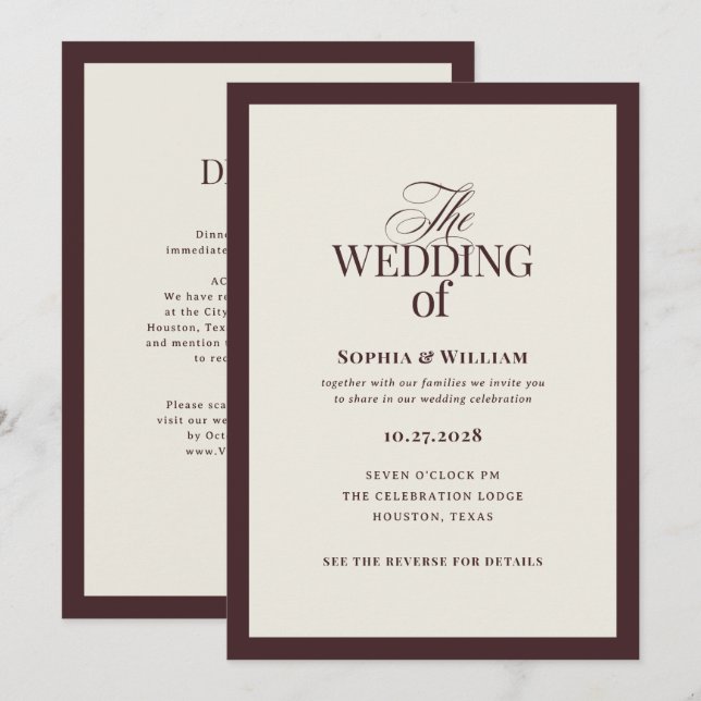 Luxe Dark Red and Cream with RSVP QR Code Wedding Invitation (Front/Back)