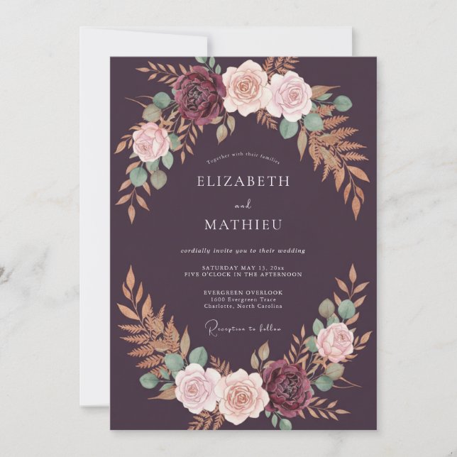 Luxe Deep Purple Wreath Wedding Invitation (Front)