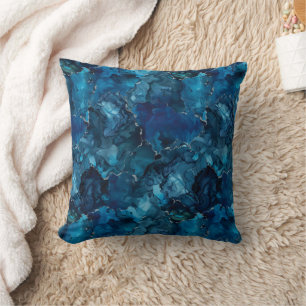 Luxe Deep Teal Blue Watercolor Marble Throw Pillow