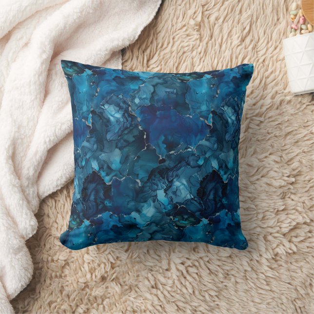 Luxe Deep Teal Blue Watercolor Marble Throw Pillow (Blanket)