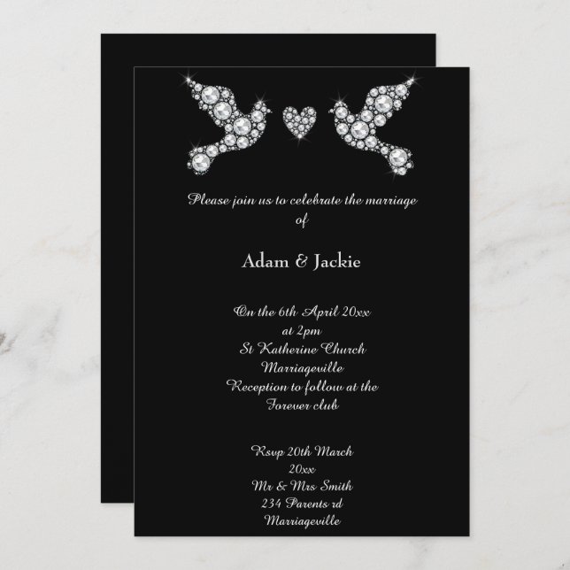 Luxe Diamond Love Dove Black Wedding Invitation (Front/Back)