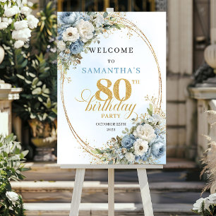 Luxe dusty blue florals eucalyptus gold 80th birth poster