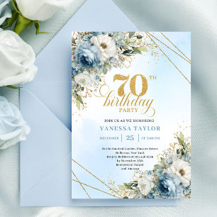 Luxe dusty blue florals gold frame 70th birthday invitation