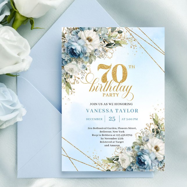 Luxe dusty blue florals gold frame 70th birthday  invitation (Luxe dusty blue florals gold frame 70th birthday invite

)