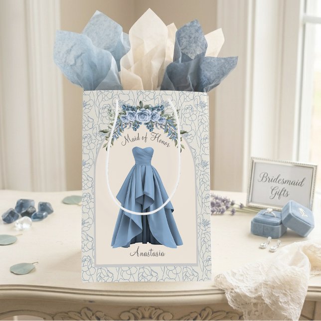 Luxe Dusty Blue Maid of Honour Personalized Medium Gift Bag (Luxe Maid of Honor proposal gift bag personalized slate blue wedding party gift packaging)