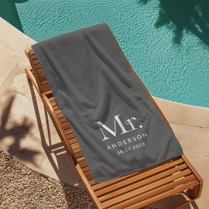Luxe Elegance Grey   Mister and Wedding Date Beach Towel