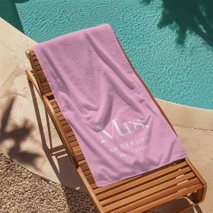 Luxe Elegance Pink Mrs and Wedding Date Beach Towel