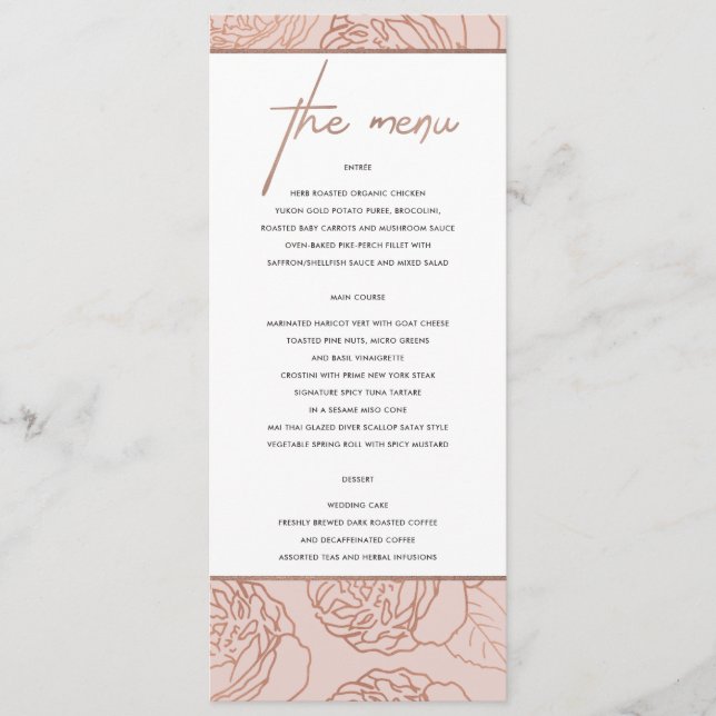 LUXE ELEGANT BLUSH PINK ROSE GOLD FLORAL  MENU (Front)