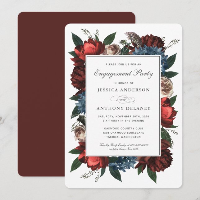 Luxe Elegant Floral Frame Engagement Party Invitation (Front/Back)