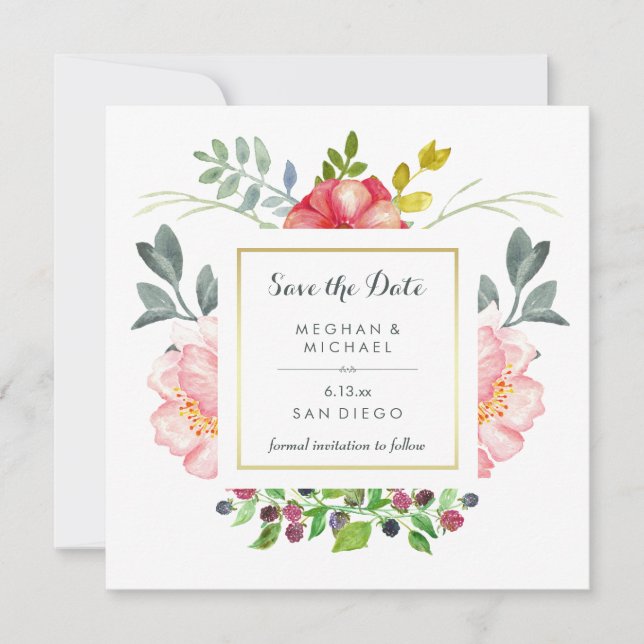 Luxe Elegant Peony Flowers with Gold Save the Date (Front)