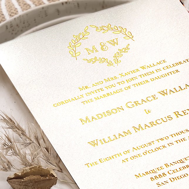  Luxe Elegant Wreath Monogram White Gold Wedding  (Luxe real gold foil formal wedding invitation monogram design.)