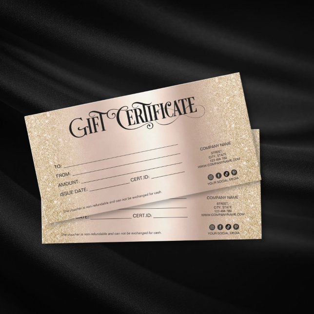 luxe élégante carte cadeau certificat ajouter un l (gold foil and gold glitter gift certificate)