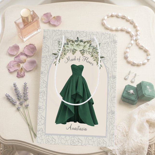 Luxe Emerald Green Maid of Honour Personalized Medium Gift Bag (Luxe Maid of Honor proposal gift bag personalized forest green wedding party gift packaging)