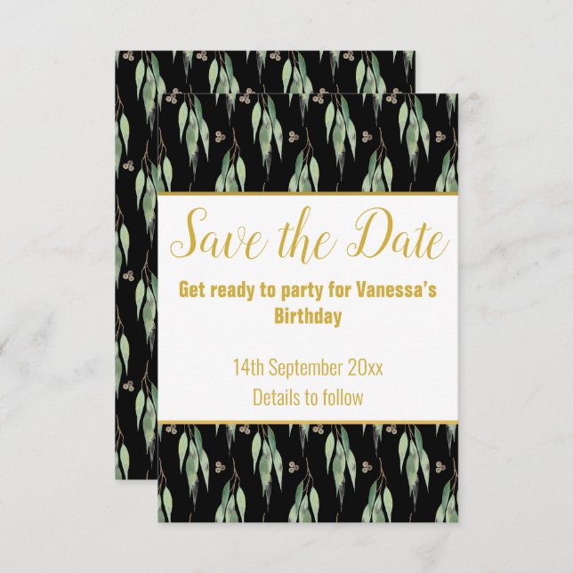 LUXE EUCALYPTUS PATTERN BLACK SAVE THE DATE RSVP  (Front/Back)